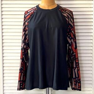 Black and Red Geometric Long Sleeve Swim Top